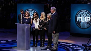 Feb 15, 2018; Minneapolis, MN, USA; Debbie Saunders, the wife of the late Flip Saunders and family stand on the court during a pregame ceremony honoring the former coach prior to the game against the Minnesota Timberwolves and Los Angeles Lakers at Target Center. Mandatory Credit: Brace Hemmelgarn-USA TODAY Sports