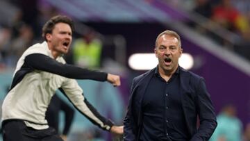 AL KHOR, QATAR - NOVEMBER 27: Head coach Hansi Flick of Germany celebrates as Niclas Fuellkrug of Germany scores a goal during the FIFA World Cup Qatar 2022 Group E match between Spain and Germany at Al Bayt Stadium on November 27, 2022 in Al Khor, Qatar. (Photo by Stefan Matzke - sampics/Corbis via Getty Images)