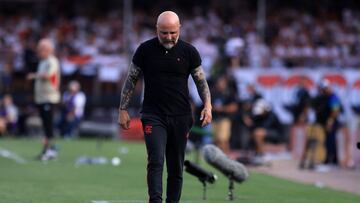 Flamengo's Argentine coach Jorge Sampaoli walks on the side of the pitch during the Copa do Brasil final second leg football match between Flamengo and Sao Paulo at the Morumbi stadium in Sao Paulo, Brazil, on September 24, 2023. (Photo by Marcello Zambrana / AFP)