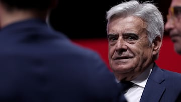 Spanish football federation (RFEF) acting president Pedro Rocha looks on following a press conference of new coach of Spain's female football team Montse Tome (not seen) at the Ciudad del Futbol training facilities in Las Rozas de Madrid on September 18, 2023. Spain won the Women's World Cup in August but the four weeks since have been filled with controversy and turmoil after former president Luis Rubiales forcibly kissed midfielder Jenni Hermoso. (Photo by Thomas COEX / AFP)