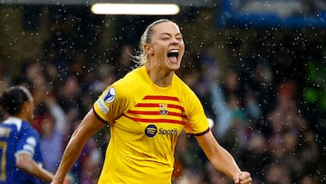 Soccer Football - Women's Champions League - Semi Final - Second Leg - Chelsea v FC Barcelona - Stamford Bridge, London, Britain - April 27, 2024 FC Barcelona's Fridolina Rolfo celebrates scoring their second goal Action Images via Reuters/Peter Cziborra