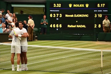 Novak Djokovic y Rafael Nadal se saludan tras terminar su partido.