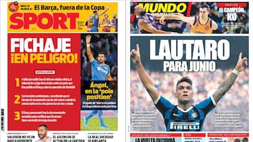 Portadas de los diarios Sport y Mundo Deportivo del d&iacute;a 14 de febrero de 2020.