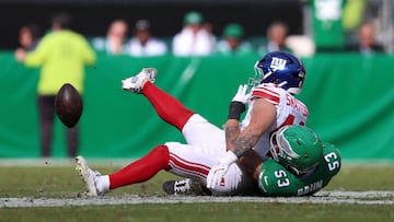 Oct 26, 2025; Philadelphia, Pennsylvania, USA; (EDITORS NOTE: graphic image) New York Giants running back Cam Skattebo (44) is injured on a play against Philadelphia Eagles linebacker Zack Baun (53) in the second quarter at Lincoln Financial Field. Mandatory Credit: Bill Streicher-Imagn Images
