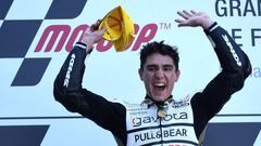KTM Angel Nieto Team Moto3 Spanish&#039;s rider Albert Arenas celebrates on the podium after winning a Moto3 race, of the French Motorcycle Grand Prix, on May 20, 2018 in Le Mans, northwestern France.
  / AFP PHOTO / Jean-Francois MONIER