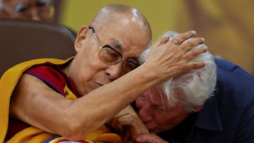 Actor Richard Gere kisses the hand of Tibetan spiritual leader, the 14th Dalai Lama, during his 90th birthday celebration at the Tsuglagkhang, also known as the Dalai Lama Temple complex, in the northern town of Dharamshala, India, July 6, 2025. REUTERS/Anushree Fadnavis