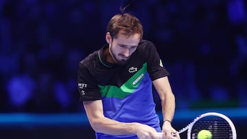 Tennis - ATP Finals - Pala Alpitour, Turin, Italy - November 15, 2023 Russia's Daniil Medvedev in action during his group stage match against Germany's Alexander Zverev REUTERS/Guglielmo Mangiapane