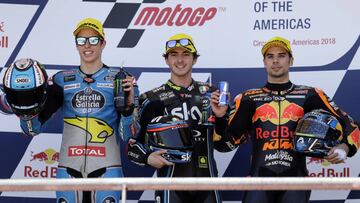 Moto 2 riders Alex Marquez, from left, Francesco Bagnaia and Miguel Oliveira celebrate their wins in a motorcycle race at the Circuit Of The Americas in Austin, Sunday, April 22, 2018, in Austin, Texas. Marquez finished in second with Bagnaia and Oliveira