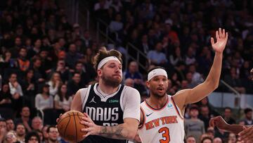 Luka Doncic #77 of the Dallas Mavericks drives against Josh Hart #3 of the New York Knicks during their game at Madison Square Garden on February 08, 2024 in New York City.