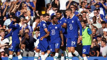 Chelsea's Raheem Sterling celebrates scoring his sides second goal during the Premier League match at Stamford Bridge, London. Picture date: Saturday August 27, 2022. (Photo by Adam Davy/PA Images via Getty Images)