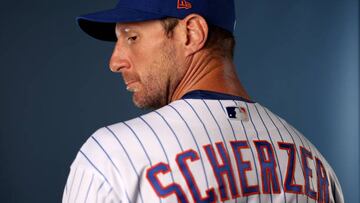 PORT ST. LUCIE, FLORIDA - FEBRUARY 23: Max Scherzer #21 of the New York Mets poses for a portrait at Clover Park on February 23, 2023 in Port St. Lucie, Florida. (Photo by Elsa/Getty Images)