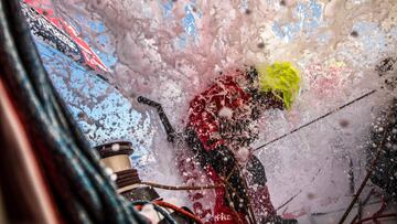 Leg 7 from Auckland to Itajai, day 06 on board MAPFRE, Tamara Echegoyen being hitted by a wave. 23 March, 2018.