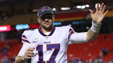 KANSAS CITY, MISSOURI - OCTOBER 10: Josh Allen #17 of the Buffalo Bills waves to fans after defeating the Kansas City Chiefs 38-20 in a game at Arrowhead Stadium on October 10, 2021 in Kansas City, Missouri.