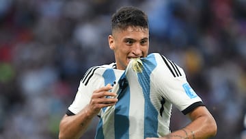 Picture released by Telam showing Argentina's forward Alejo Veliz celebrating after scoring against Guatemala during the Argentina 2023 U-20 World Cup Group A football match between Argentina and Guatemala at the Madre de Ciudades stadium in Santiago del Estero, Argentina, on May 23, 2023. (Photo by ALFREDO LUNA / TELAM / AFP) / Argentina OUT / RESTRICTED TO EDITORIAL USE - MANDATORY CREDIT "AFP PHOTO / TELAM - Alfredo Luna" - NO MARKETING - NO ADVERTISING CAMPAIGNS