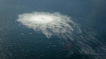 Gas bubbles from the Nord Stream 2 leak reaching surface of the Baltic Sea in the area shows disturbance of well over one kilometre  diameter near Bornholm, Denmark, September 27, 2022.  Danish Defence Command/Handout via REUTERS