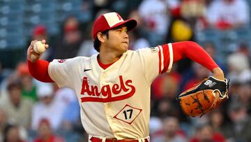 Apr 11, 2023; Anaheim, California, USA; Los Angeles Angels starting pitcher Shohei Ohtani (17) throws to the plate in the first inning against the Washington Nationals at Angel Stadium. Mandatory Credit: Jayne Kamin-Oncea-USA TODAY Sports