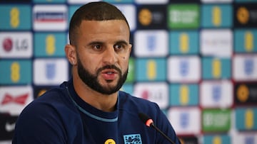England's defender Kyle Walker gives a press conference at the Al Wakrah SC Stadium, south of Doha, on December 7, 2022, during the Qatar 2022 World Cup football tournament. - England and France will meet in one of the Qatar 2022 World Cup quarter-finals on December 10. (Photo by Paul ELLIS / AFP)