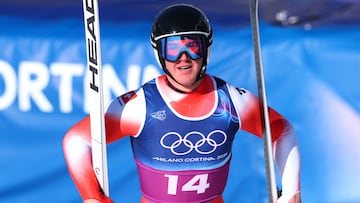 Milano Cortina 2026 Olympics - Alpine Skiing - Men's Team Combined Downhill - Stelvio Ski Centre, Bormio, Italy - February 09, 2026. Franjo von Allmen of Switzerland reacts after his run during the Men's Team Combined Downhill REUTERS/Denis Balibouse