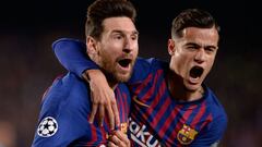 Messi celebra junto a Coutinho uno de sus goles en el Barcelona-Manchester United.