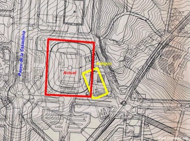Dada la afluencia de público, el Real Madrid con Santiago Bernabéu al frente, decidió construir un estadio más grande. El actual templo blanco (recuadro rojo) se construyó sobre una parte del estadio de Chamartín (recuadro amarillo).