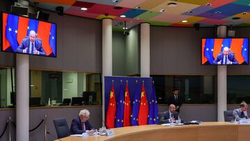 European Union foreign policy chief Josep Borrell and European Council President Charles Michel speak with European Commission President Ursula von der Leyen and Chinese President Xi Jinping via video conference during an EU China summit at the European C