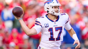 KANSAS CITY, MO - OCTOBER 16: Josh Allen #17 of the Buffalo Bills drops back to pass against the Kansas City Chiefs during the first half at GEHA Field at Arrowhead Stadium on October 16, 2022 in Kansas City, Missouri. (Photo by Cooper Neill/Getty Images)