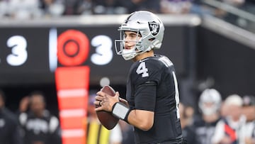 LAS VEGAS, NEVADA - DECEMBER 10: Aidan O'Connell #4 of the Las Vegas Raiders looks to throw during the second half of the game against the Minnesota Vikings at Allegiant Stadium on December 10, 2023 in Las Vegas, Nevada. Ian Maule/Getty Images/AFP (Photo by Ian Maule / GETTY IMAGES NORTH AMERICA / Getty Images via AFP)