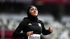 (FILES) Afghanistan's Kimia Yousofi competes in the women's 100m heats during the Tokyo 2020 Olympic Games at the Olympic Stadium in Tokyo on July 30, 2021. Afghanistan's Kimia Yousofi guarantees that at the Paris Olympics she will represent "the stolen dreams and aspirations" of all Afghan women after the return of the Taliban to power in her country in August 2021. (Photo by Jewel SAMAD / AFP)