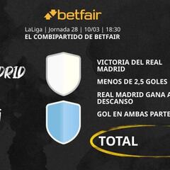 Real Madrid vs. RC Celta de Vigo: Combipartido de Betfair a cuota 11.4