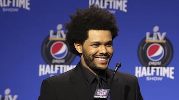 Feb 4, 2021; Tampa, FL, USA; Recording artist The Weeknd speaks at the halftime show press conference ahead of the Super Bowl 55 football game, Thursday, Feb. 4, 2021, in Tampa, Fla.  Mandatory Credit: Perry Knotts/Handout Photo via USA TODAY Sports