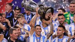 Jul 14, 2024; Miami, FL, USA;  Argentina midfielder Angel Di Maria (11) celebrates after winning the Copa America Final against Colombia at Hard Rock Stadium. Mandatory Credit: Nathan Ray Seebeck-USA TODAY Sports