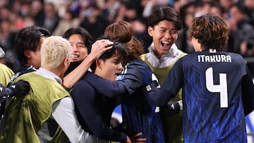 Soccer Football - World Cup - AFC Qualifiers - Third Round - Group C - Japan v Bahrain - Saitama Stadium, Saitama, Japan - March 20, 2025 Japan's Takefusa Kubo celebrates scoring their second goal with teammates REUTERS/Kim Kyung-Hoon
