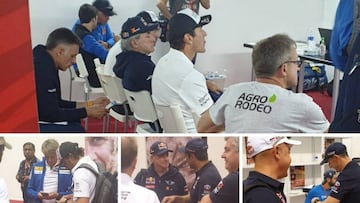 Sainz, Alonso, Cruz, Coma, Calleja, Al Attiyah, De Villiers y Haro durante las verificaciones del Dakar.