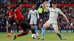 Declan Rice disputa un bal&oacute;n durante el Manchester United-West Ham