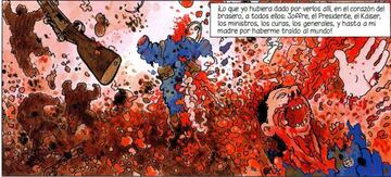 Viñeta del tebeo ¡Puta guerra! de Jacques Tardi. En ella el artista francés recrea los horrores de la guerra a través de la experiencia del soldado de infantería en las trincheras.