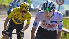 UAE Team Emirates' Slovenian rider Tadej Pogacar (R) wearing the best young rider's white jersey cycles ahead of Jumbo-Visma's Danish rider Jonas Vingegaard (L) wearing the overall leader's yellow jersey in the ascent of the Puy de Dome in the final kilometers of the 9th stage of the 110th edition of the Tour de France cycling race, 182,5 km between Saint-Leonard-de-Noblat and Puy de Dome, in the Massif Central volcanic mountains in central France, on July 9, 2023. (Photo by Bernard PAPON / POOL / AFP)