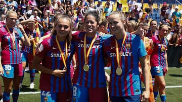 Lieke Martens, Marta Torrejon and Irene Paredes of FC Barcelona celebrates the victory during the Final of the spanish women cup, Copa de la Reina, football match played between FC Barcelona and Sporting Club de Huelva on May 29, 2022, in Alcorcon, Madrid