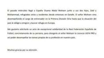 Galán pide a Villar que convalide el título de técnico del refugiado