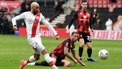 Southampton&#039;s English midfielder Nathan Redmond (L) scores his team&#039;s second goal during the English FA Cup quarter final  football match between Bournemouth and Southampton at the Vitality Stadium in Bournemouth, southern England on March 20, 2