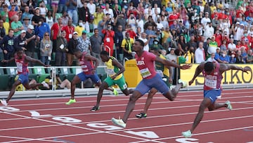 EUGENE, OREGON - JULY 16: Fred Kerley of Team United States competes in the Men�s 100 Meter Final on day two of the World Athletics Championships Oregon22 at Hayward Field on July 16, 2022 in Eugene, Oregon.   Patrick Smith/Getty Images/AFP
== FOR NEWSPAPERS, INTERNET, TELCOS & TELEVISION USE ONLY ==