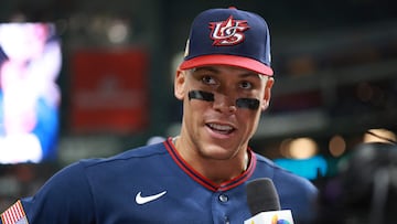 HOUSTON, TEXAS - MARCH 13: Aaron Judge #99 of Team United States reacts during interview after 5-3 win against Team Canada at Daikin Park on March 13, 2026 in Houston, Texas. Kenneth Richmond/Getty Images/AFP (Photo by Kenneth Richmond / GETTY IMAGES NORTH AMERICA / Getty Images via AFP)
