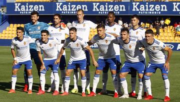 El once del Real Zaragoza en Alcorc&oacute;n: Cristian &Aacute;lvarez, Eguaras, Petrovic, Jair, Llu&iacute;s L&oacute;pez en la fila de arriba y Bermejo, Fran G&aacute;mez, Chavarr&iacute;a, Narv&aacute;ez, &Aacute;lvaro Gim&eacute;nez y Zapater en la de 