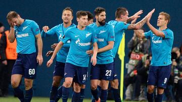  Zenit&#039;s players celebrate a goal during the UEFA Europa League round of 32 second leg football match between Zenit Saint-Petersburg and Celtic Glasgow in Saint Petersburg on February 22, 2018. / AFP PHOTO / Yuri KADOBNOV