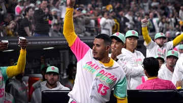 Sep 22, 2023; San Diego, California, USA; San Diego Padres designated hitter Manny Machado (13) acknowledges the crowd after hitting a two-run home run against the St. Louis Cardinals during the eighth inning at Petco Park. Mandatory Credit: Orlando Ramirez-USA TODAY Sports