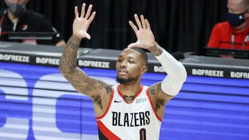 PORTLAND, OREGON - MARCH 19: Damian Lillard #0 of the Portland Trail Blazers before the game against the Dallas Mavericks at Moda Center on March 19, 2021 in Portland, Oregon. NOTE TO USER: User expressly acknowledges and agrees that, by downloading and or using this photograph, User is consenting to the terms and conditions of the Getty Images License Agreement.   Steph Chambers/Getty Images/AFP
 == FOR NEWSPAPERS, INTERNET, TELCOS &amp; TELEVISION USE ONLY ==