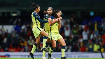         Dorian Hernandez celebrates her goal 2-0 with Daniela Espinosa and Betzy Cuevas of America during the game America vs Pumas UNAM, corresponding to eighth round of Torneo Apertura Grita Mexico A21 of the Liga BBVA MX Femenil, at Azteca Stadium, on 