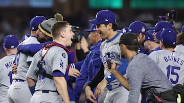 NEW YORK, NEW YORK - OCTOBER 30: Shohei Ohtani #17 of the Los Angeles Dodgers celebrates with Will Smith #16 as the Dodgers defeat the New York Yankees 7-6 in game 5 to win the 2024 World Series at Yankee Stadium on October 30, 2024 in the Bronx borough of New York City. Elsa/Getty Images/AFP (Photo by ELSA / GETTY IMAGES NORTH AMERICA / Getty Images via AFP)