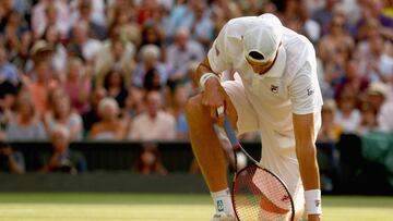LONDON, ENGLAND - JULY 13:  John Isner of The United States reacts during his Men&#039;s Singles semi-final match against Kevin Anderson of South Africa on day eleven of the Wimbledon Lawn Tennis Championships at All England Lawn Tennis and Croquet Club o