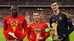 Lukaku, Hazard y Courtois, posan con sus galardones conquistados en el Mundial de Rusia-2018.