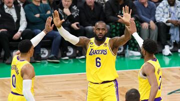 Jan 28, 2023; Boston, Massachusetts, USA; Los Angeles Lakers forward LeBron James (6) reacts during the first half against the Boston Celtics at TD Garden. Mandatory Credit: Paul Rutherford-USA TODAY Sports